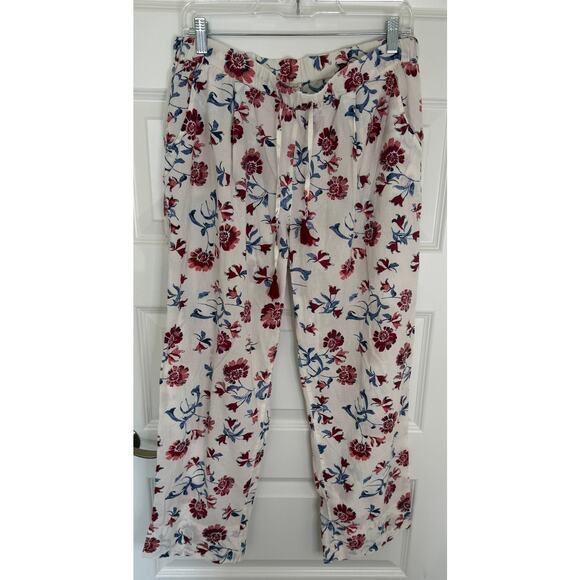 Lucky Brand White Red Blue Floral Pull-On Pants Size M Lightweight Lounge Boho - Picture 1 of 3